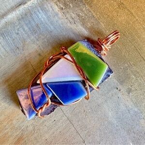 Collage Colorful Mosaic Pendant with Copper Wire